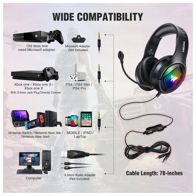 WINTORY CUFFIE GAMING HEADPHONES ON-EAR M1 PER PC USB O JACK 3,5 MM CON MICROFONO LED BLACK